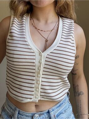 Striped Cream and Light Brown Button-Front Knit Crop Top
